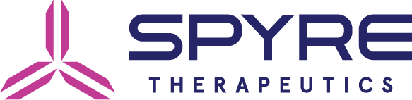 Spyre logo: “Spyre” in navy capitalized text and “Therapeutics” in smaller navy capitalized text, deep pink “Y” antibody shape at the left